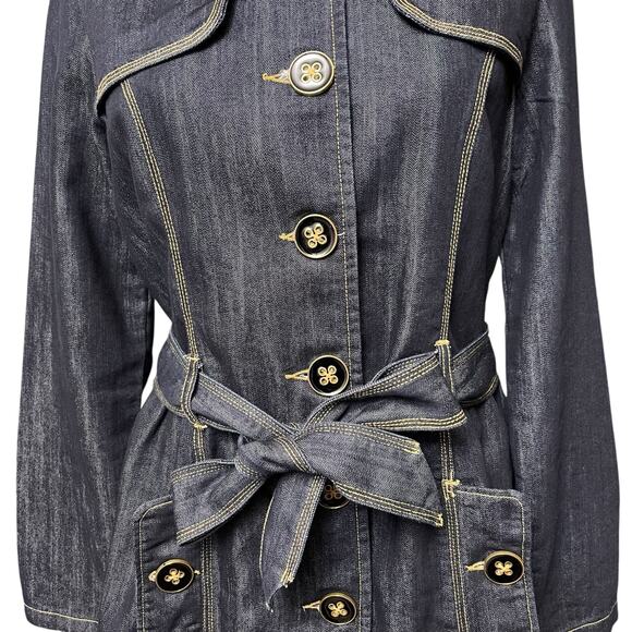 Baccini Denim Trench Coat Women’s Sz M Dark Wash Tie Belt Long Jacket Streetwear - Picture 4 of 9